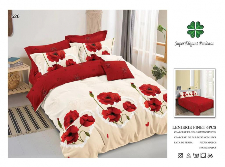 Lenjerii Pat 2 Persoane - Lenjerie Pat Dublu, Pucioasa, Bumbac, Finet, 6 Piese