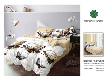 Lenjerii Pat 2 Persoane - Lenjerie Pat Dublu, Pucioasa, Bumbac, Finet, 6 Piese