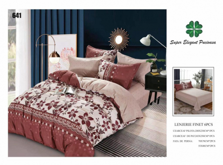 Lenjerii Pat 2 Persoane - Lenjerie Pat Dublu, Pucioasa, Bumbac, Finet, 6 Piese