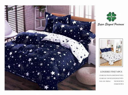Lenjerii Pat 2 Persoane - Lenjerie Pat Dublu, Pucioasa, Bumbac, Finet, 6 Piese