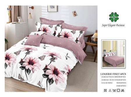 Lenjerii Pat 2 Persoane - Lenjerie Pat Dublu, Pucioasa, Bumbac, Finet, 6 Piese