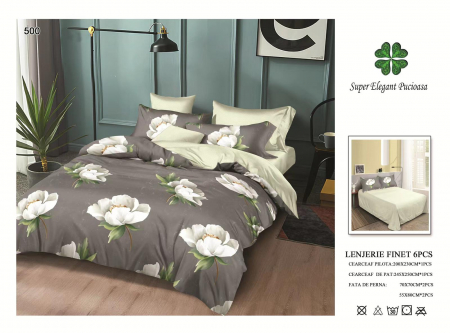 Lenjerii Pat 2 Persoane - Lenjerie Pat Dublu, Pucioasa, Bumbac, Finet, 6 Piese