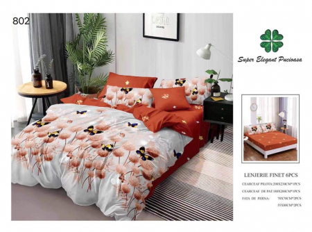 Lenjerii Pat 2 Persoane - Lenjerie Pat Dublu, Pucioasa, Bumbac, Finet, 6 Piese