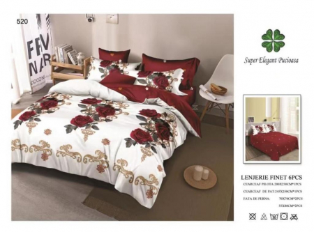 Lenjerii Pat 2 Persoane - Lenjerie Pat Dublu, Pucioasa, Bumbac, Finet, 6 Piese