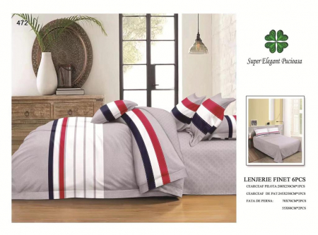 Lenjerii Pat 2 Persoane - Lenjerie Pat Dublu, Pucioasa, Bumbac, Finet, 6 Piese