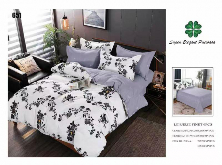 Lenjerii Pat 2 Persoane - Lenjerie Pat Dublu, Pucioasa, Bumbac, Finet, 6 Piese