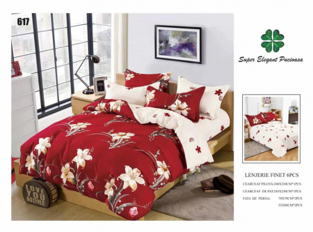 Lenjerii Pat 2 Persoane - Lenjerie Pat Dublu, Pucioasa, Bumbac, Finet, 6 Piese