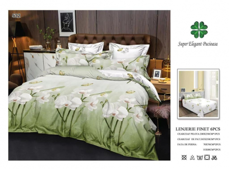Lenjerii Pat 2 Persoane - Lenjerie Pat Dublu, Pucioasa, Bumbac, Finet, 6 Piese