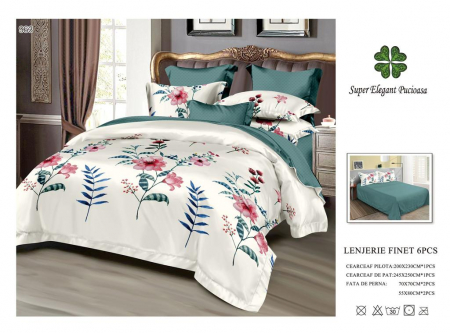 Lenjerii Pat 2 Persoane - Lenjerie Pat Dublu, Pucioasa, Bumbac, Finet, 6 Piese