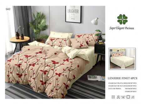 Lenjerii Pat 2 Persoane - Lenjerie Pat Dublu, Pucioasa, Bumbac, Finet, 6 Piese