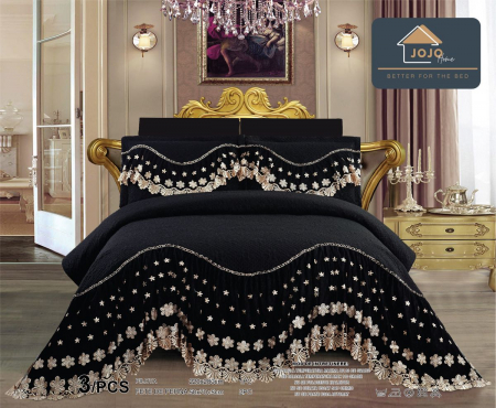 CUVERTURI - Cuvertura Luxury cu  Volan, Matlasata, Pat Dublu, 3 Piese, NEGRU
