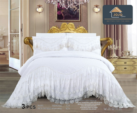 CUVERTURI - Cuvertura Luxury cu  Volan, Matlasata, Pat Dublu, 3 Piese, ALB