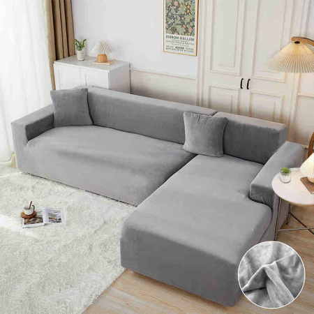 HUSE COLTAR - Set 2 Huse Elastice Catifea pentru Coltar, Marime M-L, Gri Deschis