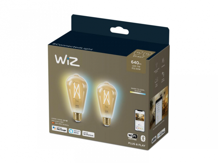 2 Becuri LED inteligente vintage (decorative) WiZ Connected Filament Gold ST64, Wi-Fi, E27, 6.7W (50W), 640 lm, lumina alba (2000-5000K), compatibil Google Assistant Alexa Siri