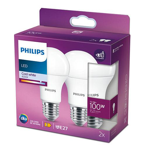 2 Becuri LED Philips A60, EyeComfort, E27, 12.5W (100W), 1521 lm, lumina neutra (4000K), mat