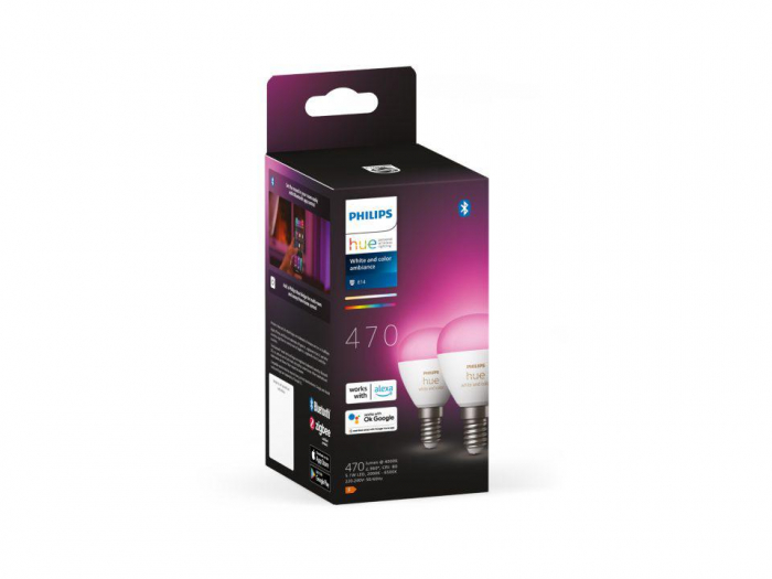 2 Becuri LED RGB inteligente Philips Hue P45, Bluetooth, E14, 5.1W, 470 lm, lumina alba si color (2000-6500K)