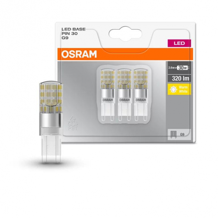 3 Becuri LED Osram Base PIN, G9, 2.6W (30W), 320 lm, lumina calda (2700K)