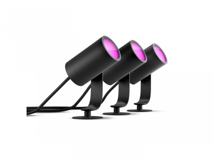 3 Spoturi cu spike LED RGB pentru exterior Philips Hue Lily, 3x8W (3x49W), 3x600 lm, lumina alba si color (2000-6500K), IP65, 70x84x194mm, Negru