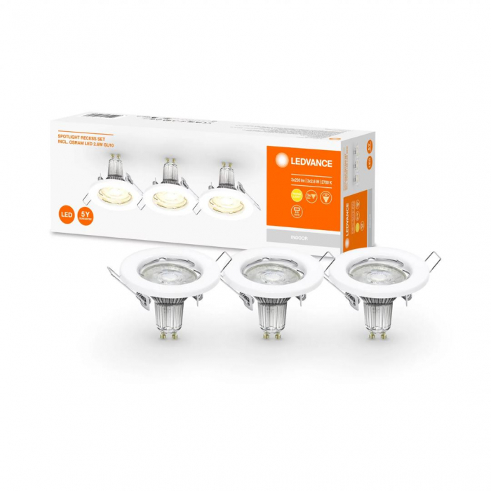 3 Spoturi LED incastrate Ledvance, GU10, 3x2.6W, 3x230 lm, lumina calda (2700K), O8cm, Alb