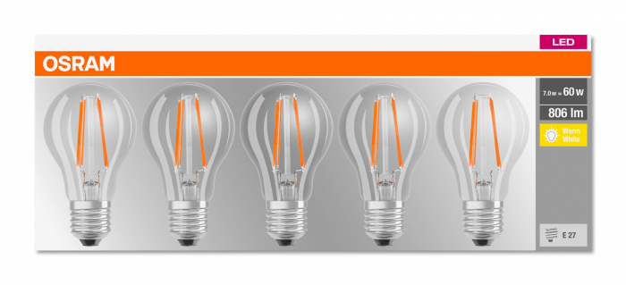 5 Becuri LED Osram Base Classic A, E27, 7W (60W), 806 lm, lumina calda (2700K), cu filament