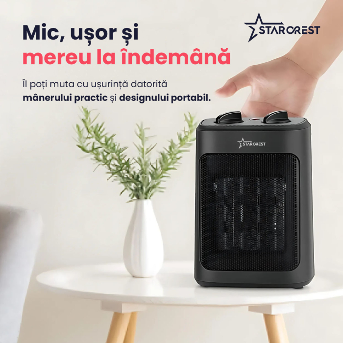 Aeroterma ceramica STARCREST SCH-20BK, 2000W, Termostat Reglabil, 3 Viteze, Functie Ventilator, Portabila, Siguranta Anti Cadere, Protectie Supraincalzire, Negru [5]