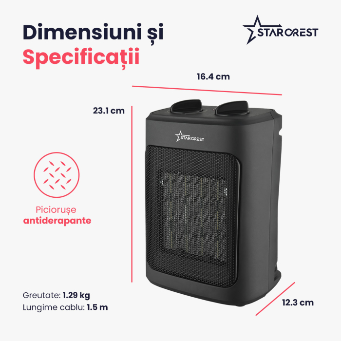 Aeroterma ceramica STARCREST SCH-20BK, 2000W, Termostat Reglabil, 3 Viteze, Functie Ventilator, Portabila, Siguranta Anti Cadere, Protectie Supraincalzire, Negru [6]