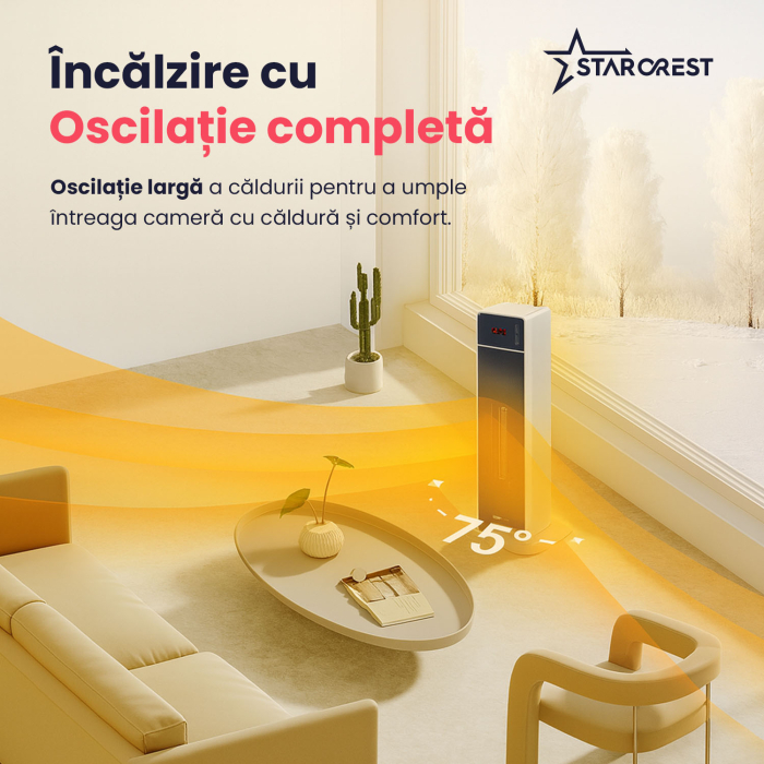 Aeroterma ceramica STARCREST SCH-T30BK, 2000W, Control digital, Functie de oscilare, Telecomanda, Functie ventilator, Temporizator, Siguranta anti cadere, Protectie supraincalzire [6]