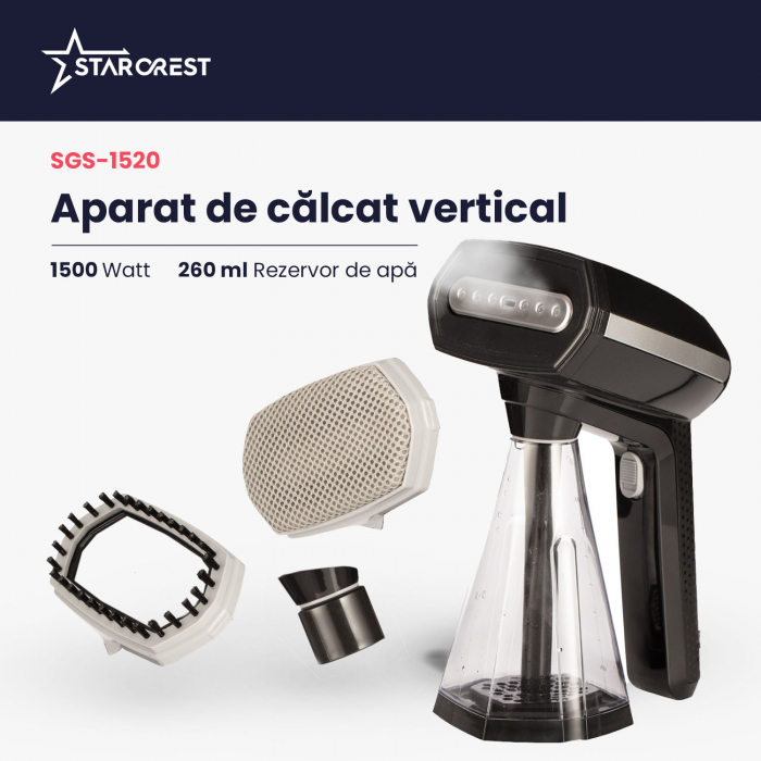 RESIGILAT - Aparat de calcat vertical STARCREST SGS-1520, 1500 W, Rezervor detasabil 260 ml, 3 Accesorii, Negru [2]
