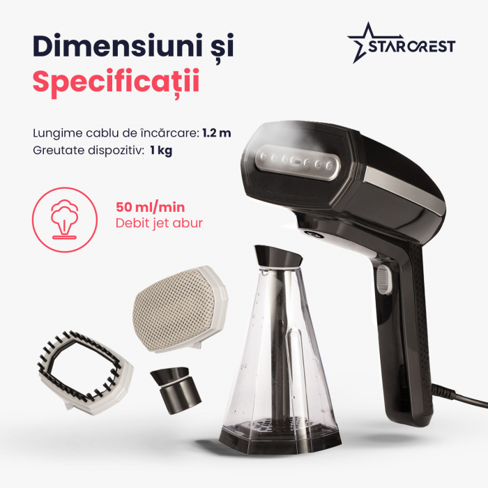RESIGILAT - Aparat de calcat vertical STARCREST SGS-1520, 1500 W, Rezervor detasabil 260 ml, 3 Accesorii, Negru [8]