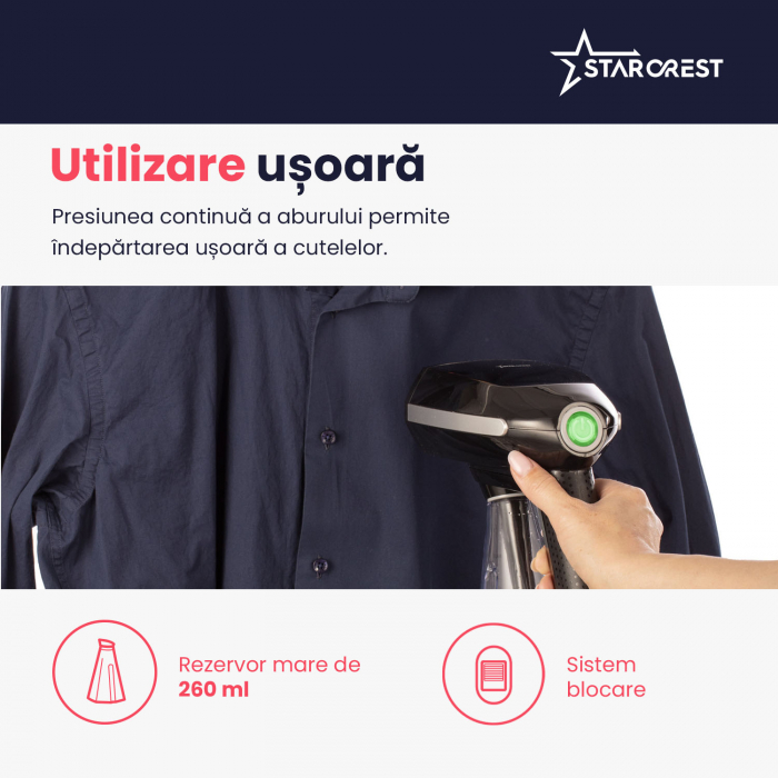 RESIGILAT - Aparat de calcat vertical STARCREST SGS-1520, 1500 W, Rezervor detasabil 260 ml, 3 Accesorii, Negru [6]