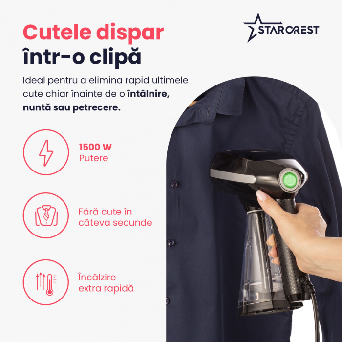 RESIGILAT - Aparat de calcat vertical STARCREST SGS-1520, 1500 W, Rezervor detasabil 260 ml, 3 Accesorii, Negru [3]