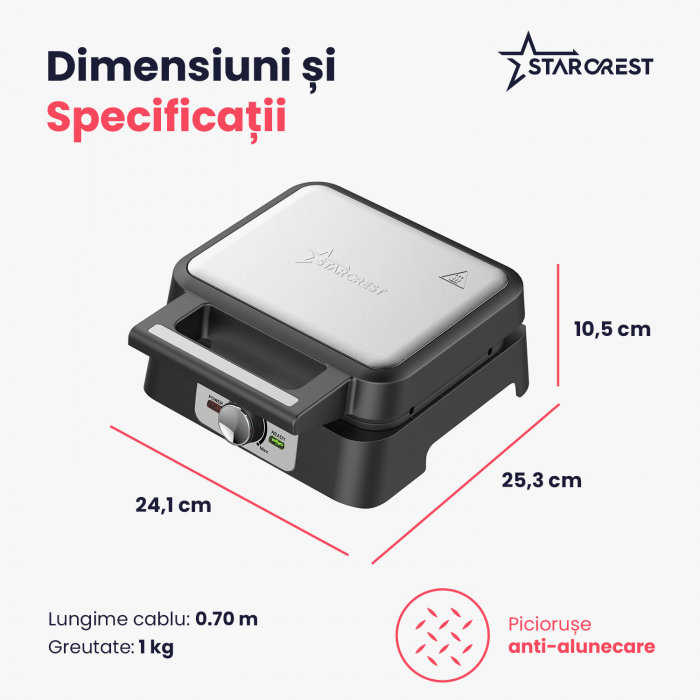 Aparat de facut vafe STARCREST WM-2503BX, 1600W, Buton reglare temperatura, Placi cu invelis ceramic, Negru/Inox [5]
