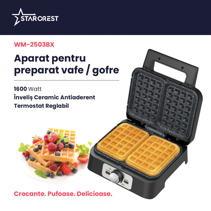 Aparat de facut vafe STARCREST WM-2503BX, 1600W, Buton reglare temperatura, Placi cu invelis ceramic, Negru/Inox [3]