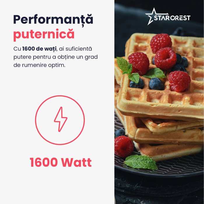 Aparat de facut vafe STARCREST WM-2503BX, 1600W, Buton reglare temperatura, Placi cu invelis ceramic, Negru/Inox [4]
