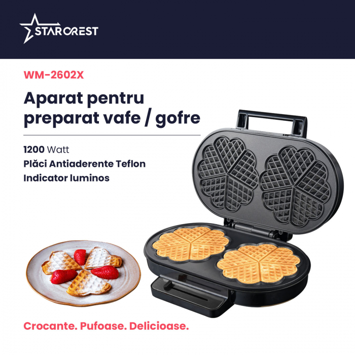 Aparat de facut vafe STARCREST WM-2602X, 1200W, Suprafata dubla, Buton reglare temperatura, Placi cu invelis antiaderent, Negru-Inox [3]