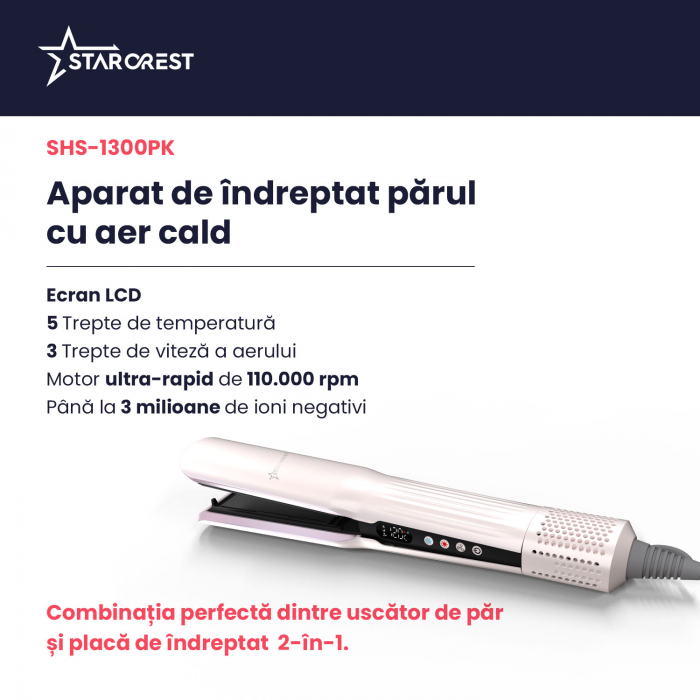 RESIGILAT - Aparat de indreptat  parul cu aer cald STARCREST SHS-1300PK, 1300 W, Afisaj LCD,  Tehnologie cu ioni negativi, 5 Moduri de temperatura, 3 Viteze, Roz [3]