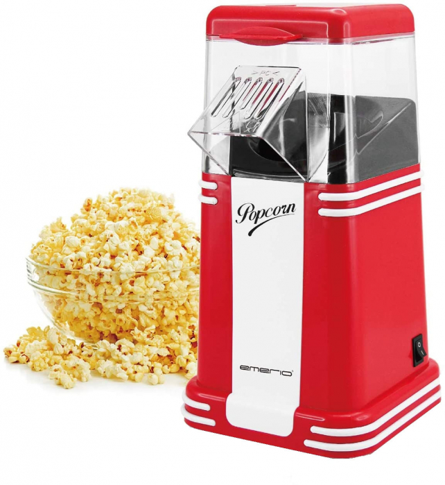 Aparat de popcorn Emerio POM-111241, 1200 W, fara ulei, Alb Rosu