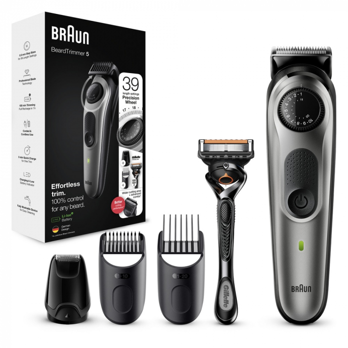 Aparat de tuns barba Braun Beard Trimmer BT5365, WetDry, buton rotativ de precizie, 39 de setari pentru lungime, 2 piepteni, 1 mini cap de ras cu lama, Aparat de ras Gillette, Negru Argintiu