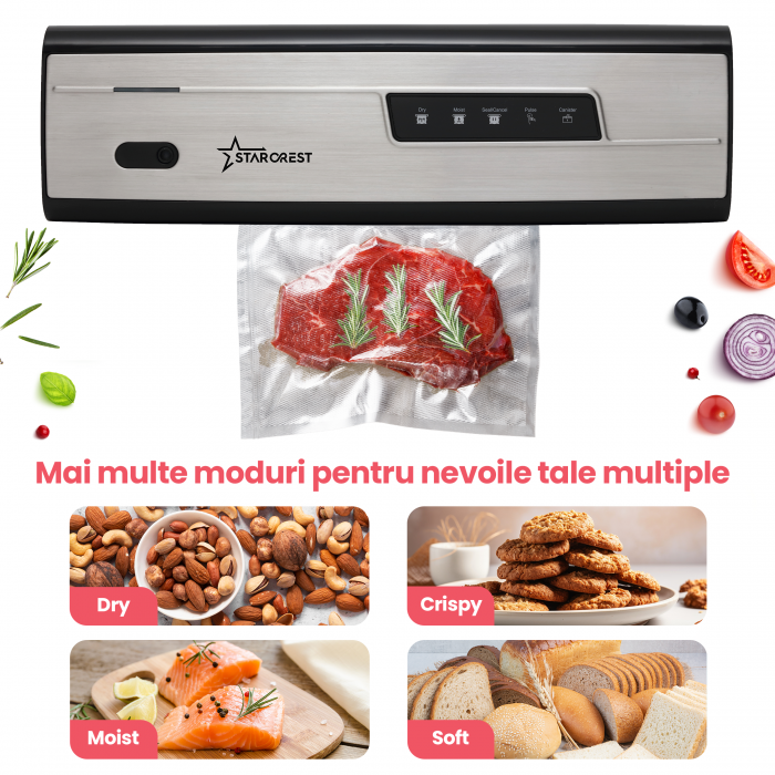 Aparat de vidat si sigilat STARCREST VS-3230X, 130W, Touch Control, 5 Functii, Furtun de vidare caserole, Cutter incorporat, Inox [2]