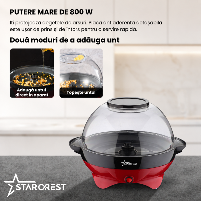 Aparat pentru popcorn STARCREST SPM-8055RD, 800W, Preparare in 4 minute, Bol Servire 5.7L, Plita detasabila, Rosu [5]