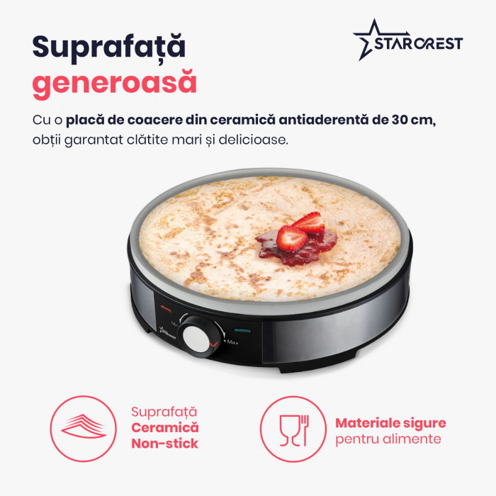 Aparat pentru preparat clatite STARCREST SCM-3212, 1200W,  Placa antiaderenta Ceramica, 30 cm, Inox / Negru [3]