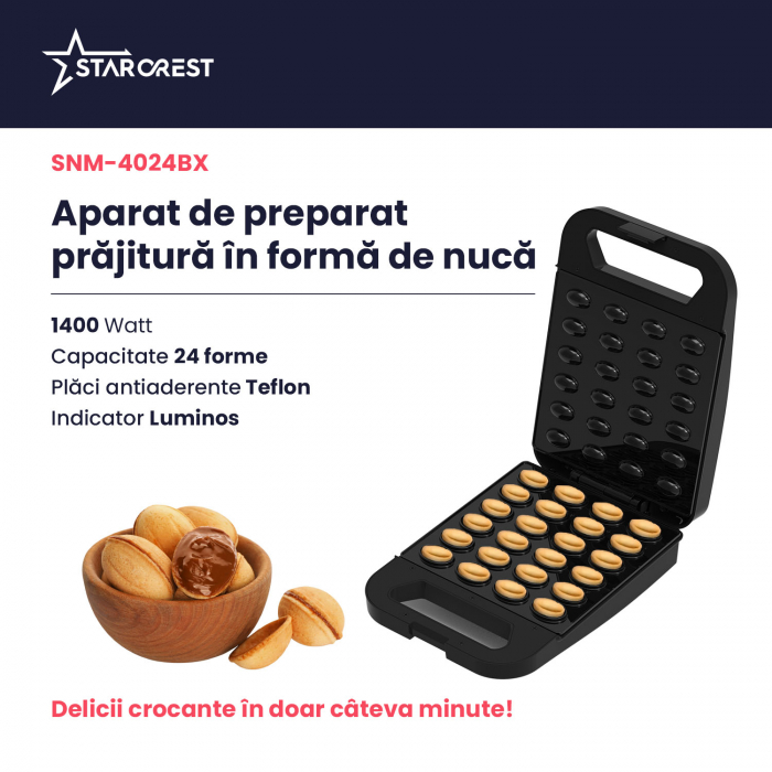 Aparat pentru preparat forme de nuci STARCREST SNM-4024BX, 24 forme, 1400W, Indicator luminos, Placi antiaderente, Negru/Inox [3]