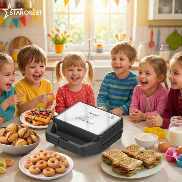 Aparatul pentru deserturi 4 în 1 STARCREST SDM-4110BX, 800W, placi detasabile cu invelis ceramic pentru vafe, nuci, gogosi si smile sandwich, negru [9]