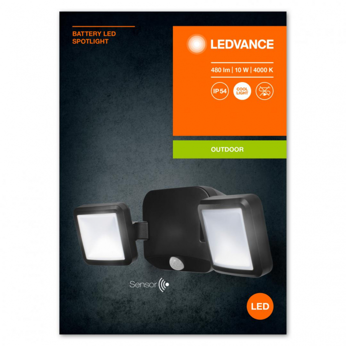 Aplica LED pentru exterior pe baterii 4x D neincluse, cu senzor de miscare si lumina Ledvance BATTERY DOUBLE SPOTLIGHT, 10W, 6V, 480 lm, lumina neutra (4000K), IP54, 332x112x105mm, Negru