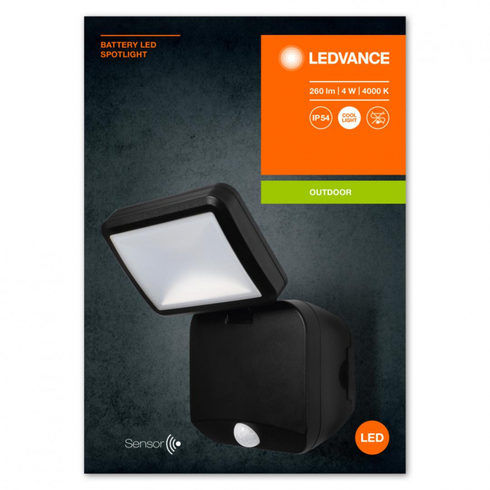 Aplica LED pentru exterior pe baterii 4x D neincluse, cu senzor de miscare si lumina Ledvance BATTERY SPOTLIGHT, 4W, 6V, 260 lm, lumina neutra (4000K), IP54, 215x127x108mm, Negru