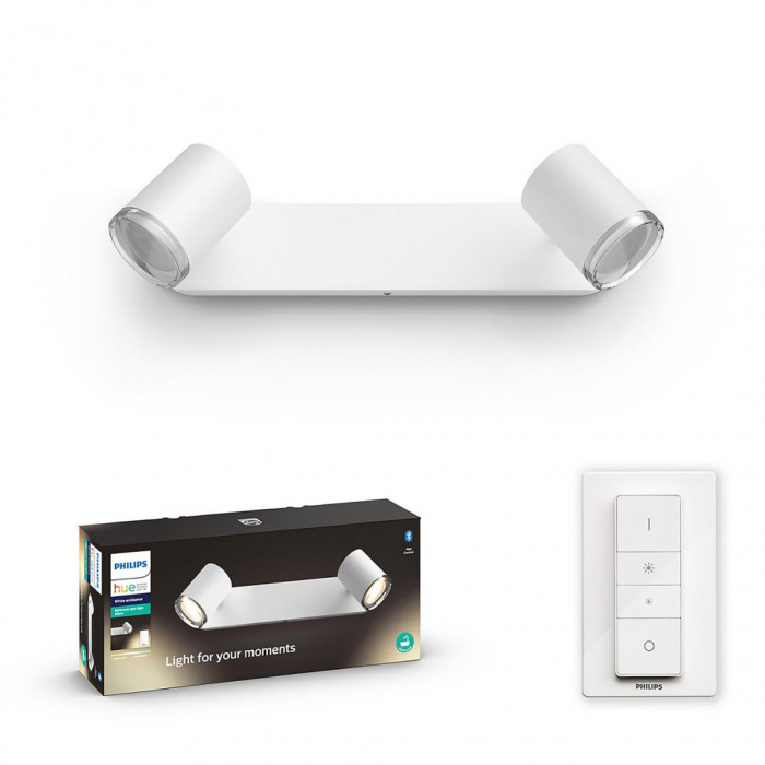 Aplica LED pentru oglinda din baie Philips Hue Adore, Bluetooth, 2xGU10, 2x5W, 700 lm, lumina alba (2200-6500K), IP44, 36.6x12cm, Metal, Alb, Intrerupator cu variator inclus