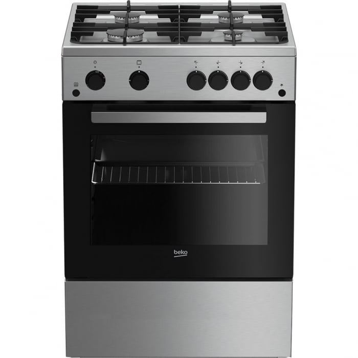 Aragaz Beko FSGT62130DXO, 4 arzatoare, Gaz, Aprindere electrica plita cuptor, Grill, Rotisor, 60 cm, Inox