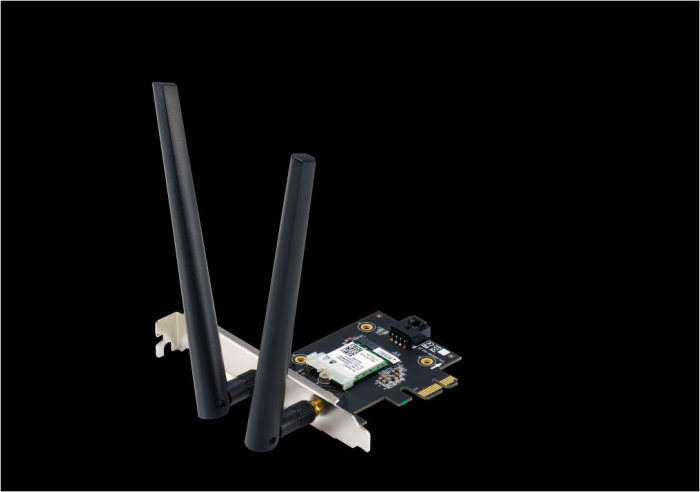 ASUS PCE-AX1800 Wifi AX1800 Bluetooth 5.2 PCIe adapter, WI-FI 6, WPA3, OFDMA. MU-MIMO, Standarde retea: WiFi 6 (802.11ax), Viteza: 1800Mbps, 2 x antene externe.