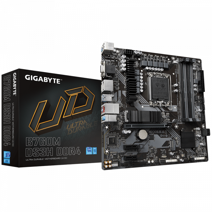 B760M DS3H DDR4 (rev. 1.0) LGA1700 4 x DDR4 DIMM sockets supporting up to 128 GB (32 GB single DIMM capacity) of system memory 1 x D-Sub port, supporting a maximum resolution of 1920x1200 60 Hz 1 x H