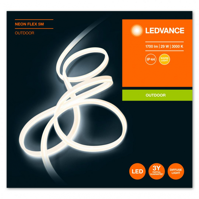 Banda LED pentru exterior Ledvance NEON FLEX, 29W, 220-240V, 1700 lm, lumina calda (3000K), IP44, 5 metri